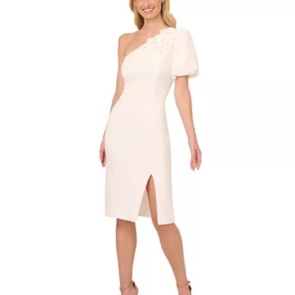 Adrianna Papell Women's One-Shoulder Scuba Sheath Dress Ivory Sz 4